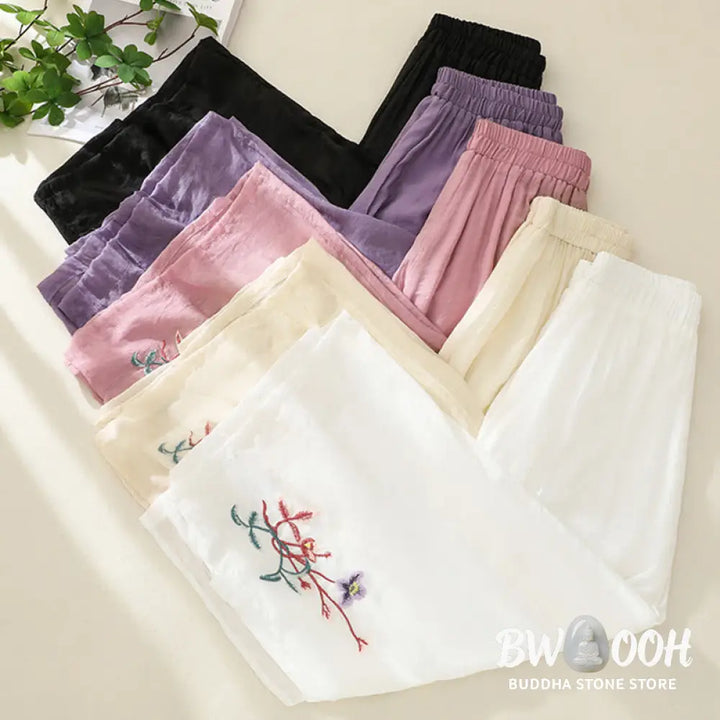BWOOOH printed wide-leg yoga pants - Artistic Embroidery Flower Double Layer 