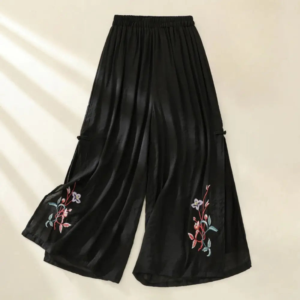 BWOOOH printed wide-leg yoga pants - Artistic Embroidery Flower Double Layer 