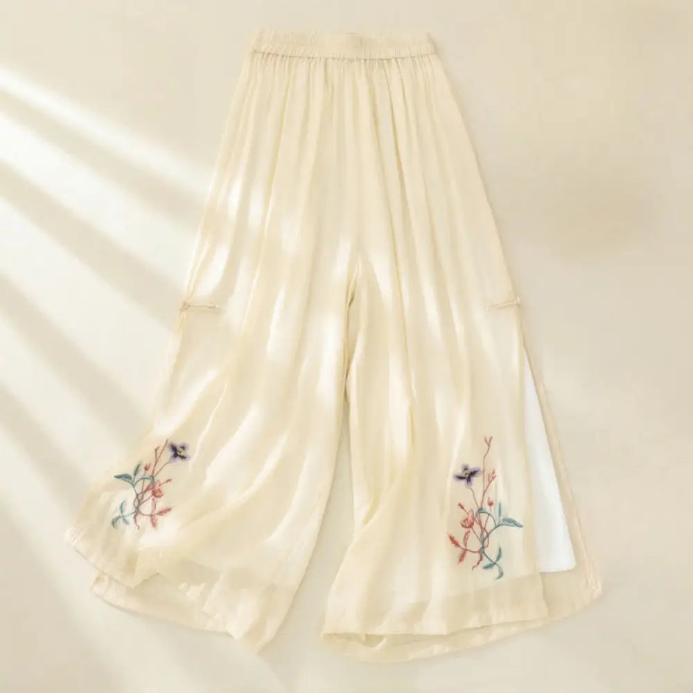 BWOOOH printed wide-leg yoga pants - Artistic Embroidery Flower Double Layer 