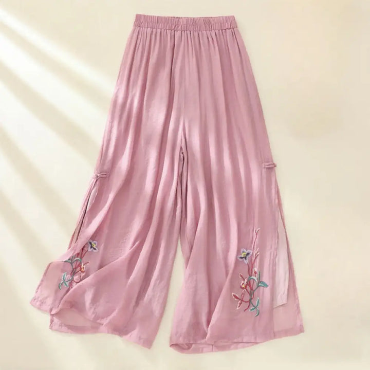 BWOOOH printed wide-leg yoga pants - Artistic Embroidery Flower Double Layer 
