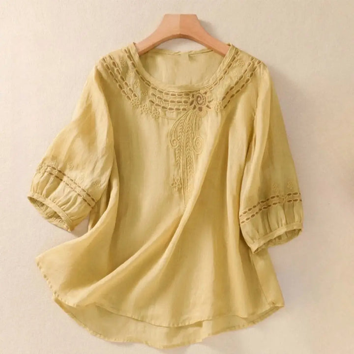 Buddha Stones Artistic Plain Floral Embroidered Design Crew Neck Puff Half Sleeve Cotton Linen Women’s T-Shirt - Khaki