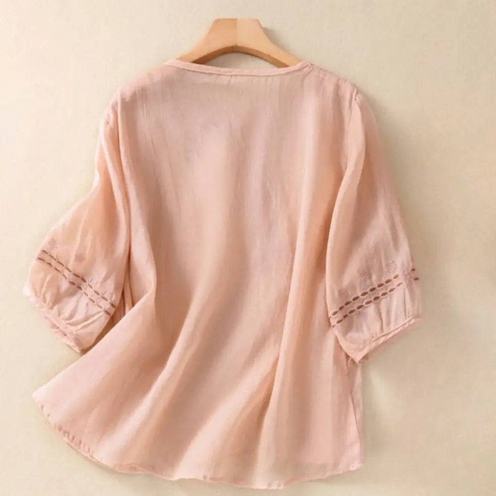 Buddha Stones Artistic Plain Floral Embroidered Design Crew Neck Puff Half Sleeve Cotton Linen Women’s T-Shirt