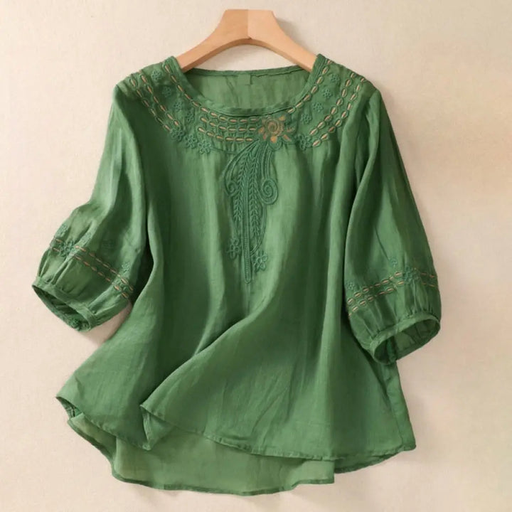 Buddha Stones Artistic Plain Floral Embroidered Design Crew Neck Puff Half Sleeve Cotton Linen Women’s T-Shirt