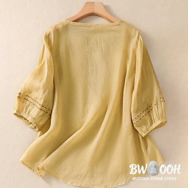 Buddha Stones Artistic Plain Floral Embroidered Design Crew Neck Puff Half Sleeve Cotton Linen Women’s T-Shirt