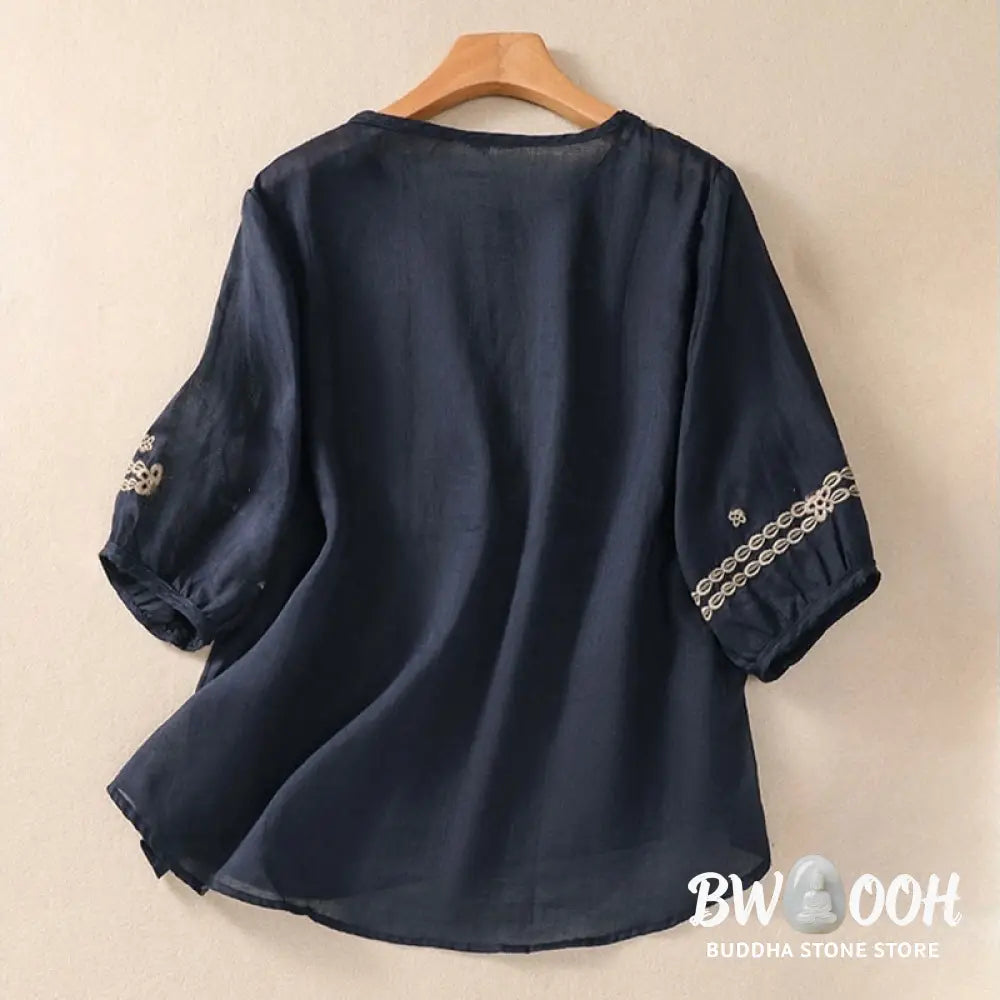 Buddha Stones Artistic Plain Floral Embroidered Design Crew Neck Puff Half Sleeve Cotton Linen Women’s T-Shirt