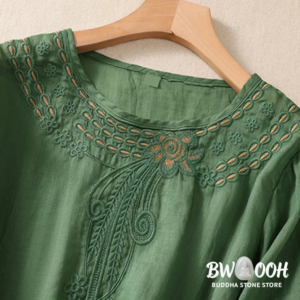 Buddha Stones Artistic Plain Floral Embroidered Design Crew Neck Puff Half Sleeve Cotton Linen Women’s T-Shirt