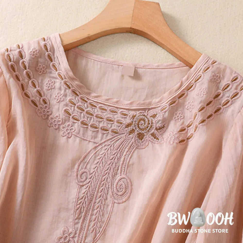 Buddha Stones Artistic Plain Floral Embroidered Design Crew Neck Puff Half Sleeve Cotton Linen Women’s T-Shirt
