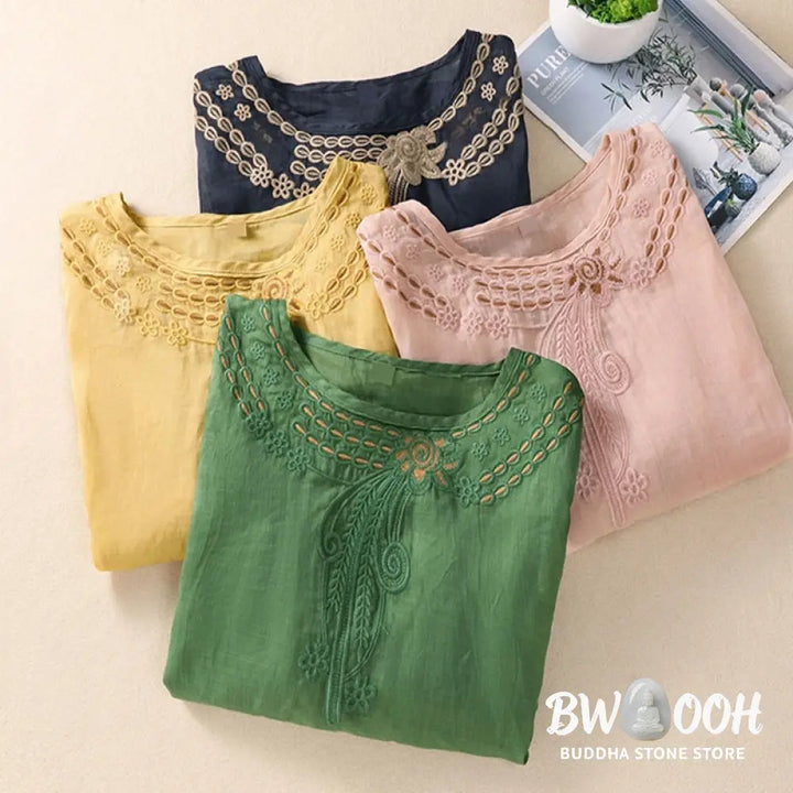 Buddha Stones Artistic Plain Floral Embroidered Design Crew Neck Puff Half Sleeve Cotton Linen Women’s T-Shirt