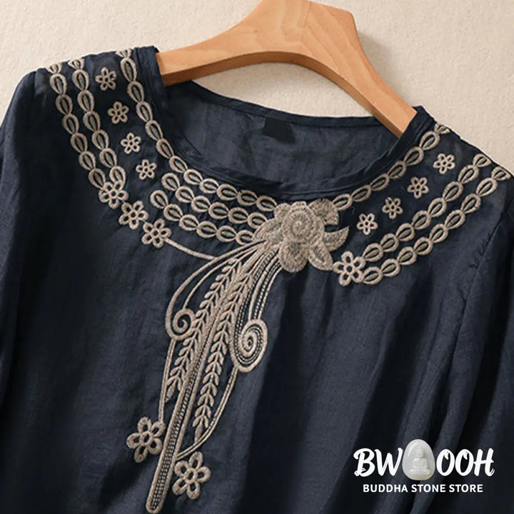 Buddha Stones Artistic Plain Floral Embroidered Design Crew Neck Puff Half Sleeve Cotton Linen Women’s T-Shirt