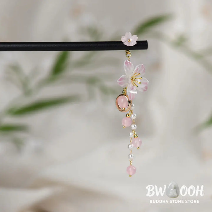 Buddha Stones Artistic Style Pear Blossom Tassel Wood Hairpin - Pear Blossom Tassel Hairpin - Hairpin