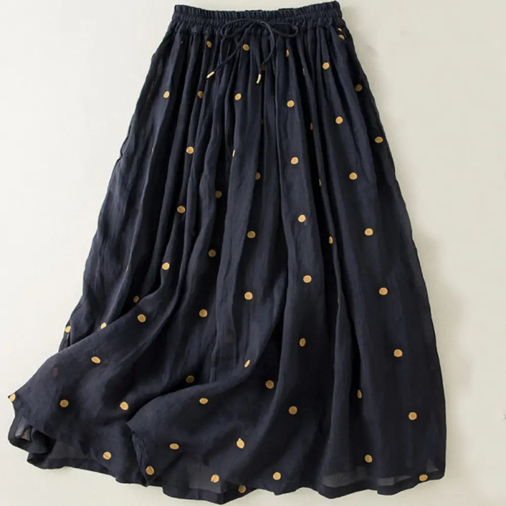 Buddha Stones Artistic Vintage Dot Pattern Women’s Pleated Skirt - MidnightBlue / US4，UK/AU8，EU36 (L) - Skirt