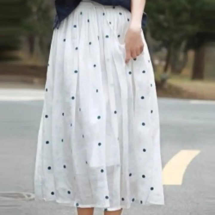 Buddha Stones Artistic Vintage Dot Pattern Women’s Pleated Skirt - White / US4，UK/AU8，EU36 (L) - Skirt