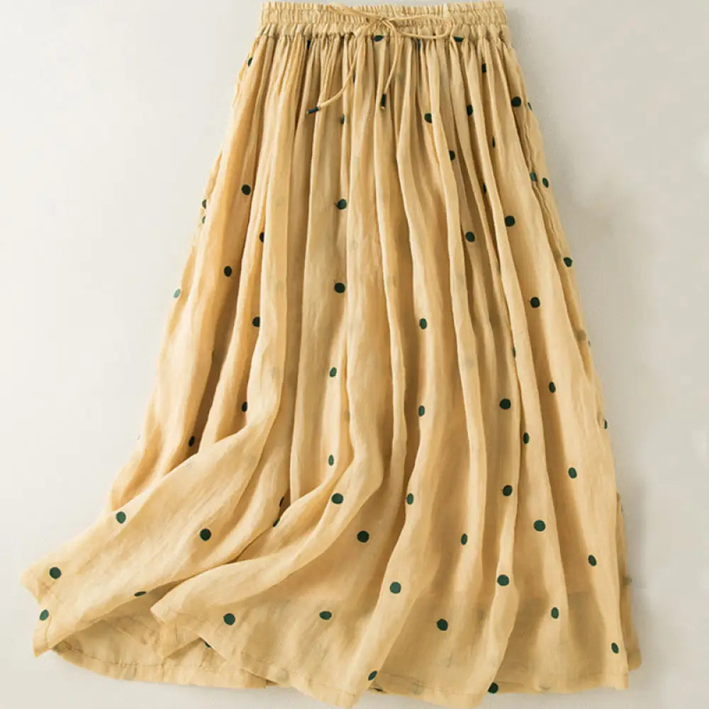 Buddha Stones Artistic Vintage Dot Pattern Women’s Pleated Skirt - Yellow / US4，UK/AU8，EU36 (L) - Skirt