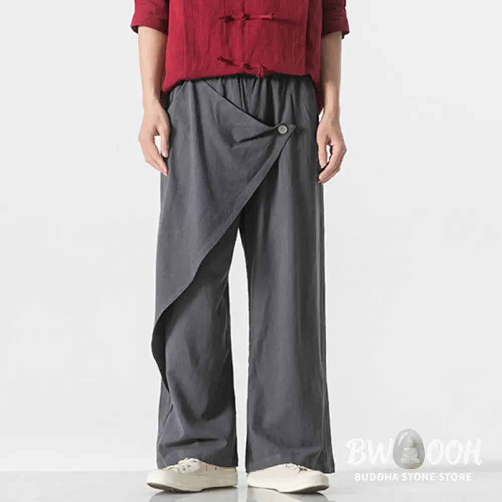 Buddha Stones Asymmetrical Patched Design Plain Men’s Cotton Pants With Pockets - Men’s Pants