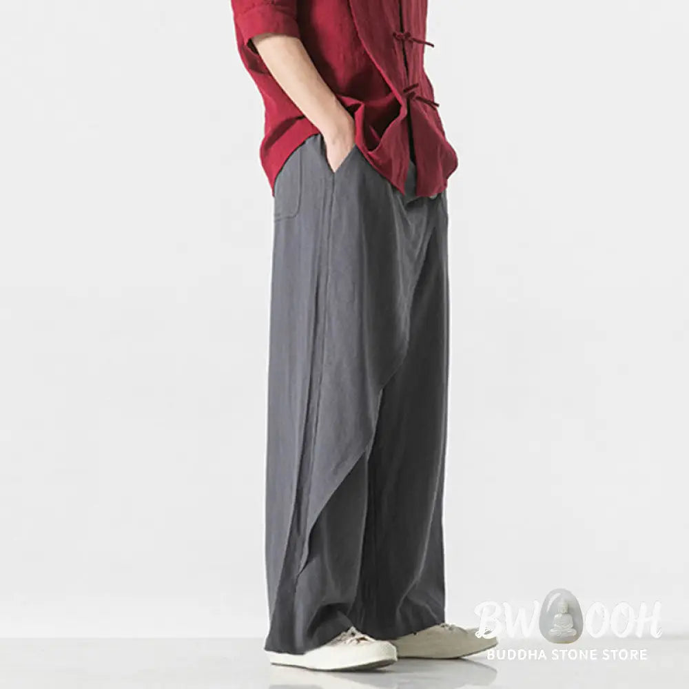 Buddha Stones Asymmetrical Patched Design Plain Men’s Cotton Pants With Pockets - Men’s Pants