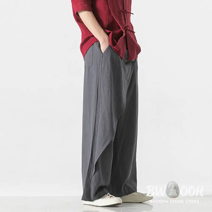 Buddha Stones Asymmetrical Patched Design Plain Men’s Cotton Pants With Pockets - Men’s Pants