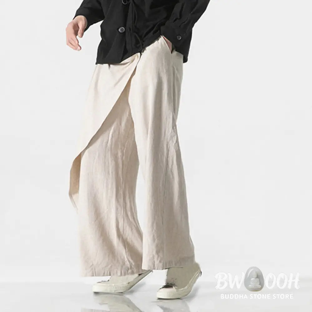 Buddha Stones Asymmetrical Patched Design Plain Men’s Cotton Pants With Pockets - Men’s Pants