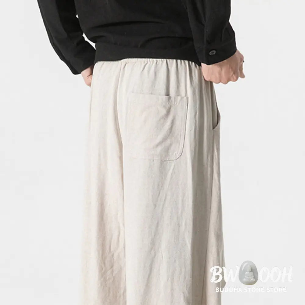 Buddha Stones Asymmetrical Patched Design Plain Men’s Cotton Pants With Pockets - Men’s Pants