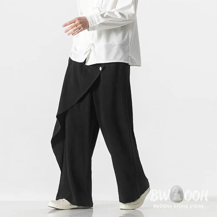 Buddha Stones Asymmetrical Patched Design Plain Men’s Cotton Pants With Pockets - Men’s Pants