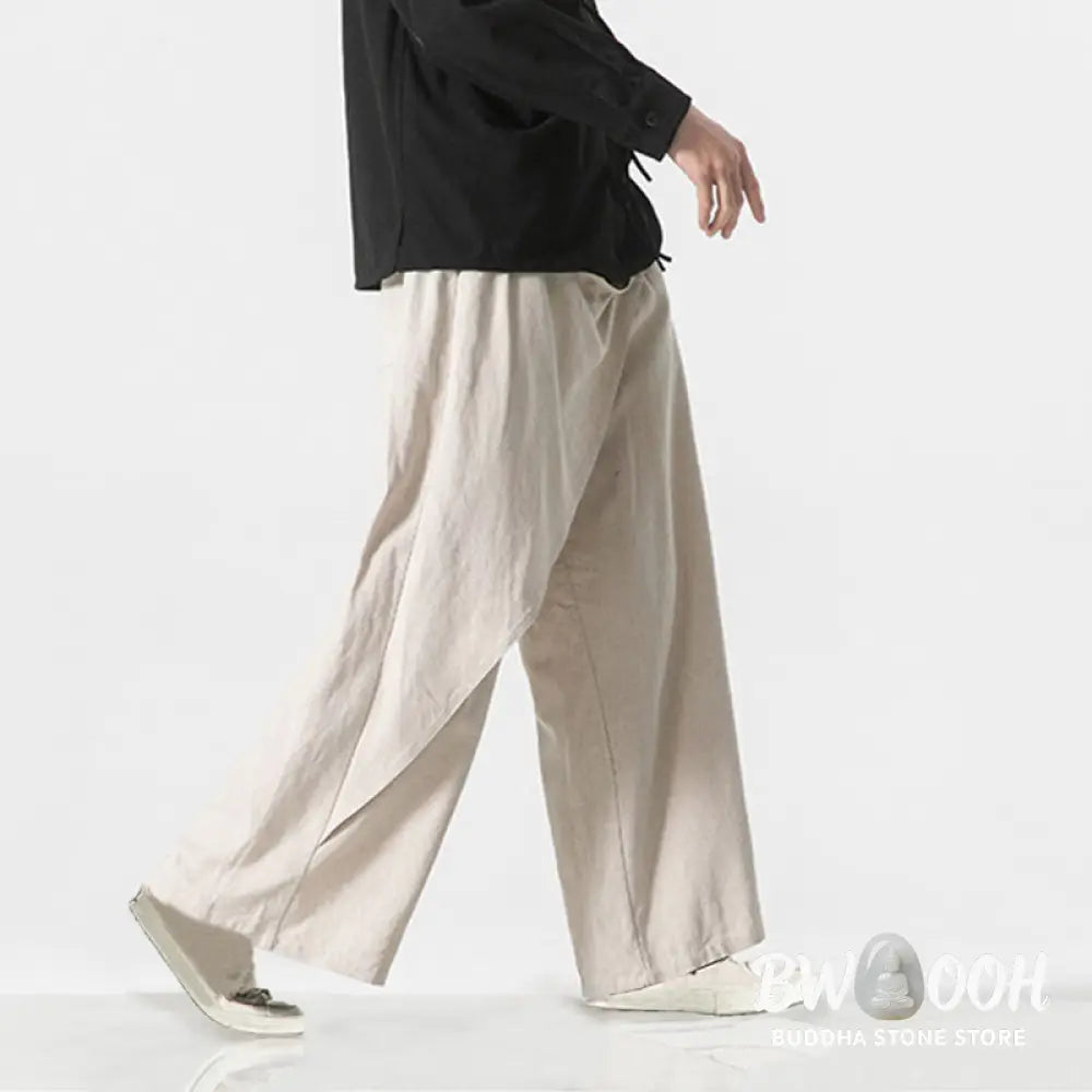 Buddha Stones Asymmetrical Patched Design Plain Men’s Cotton Pants With Pockets - Men’s Pants