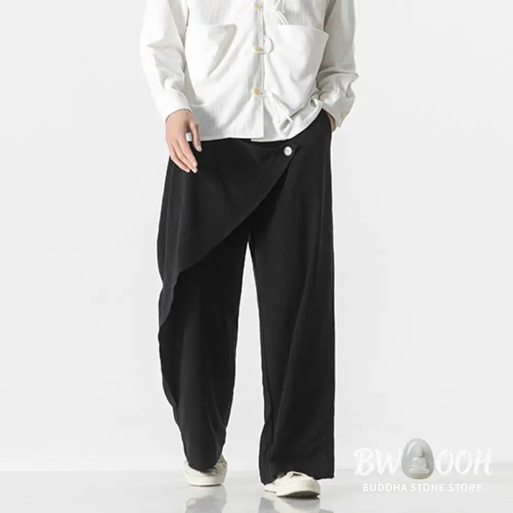 Buddha Stones Asymmetrical Patched Design Plain Men’s Cotton Pants With Pockets - Men’s Pants