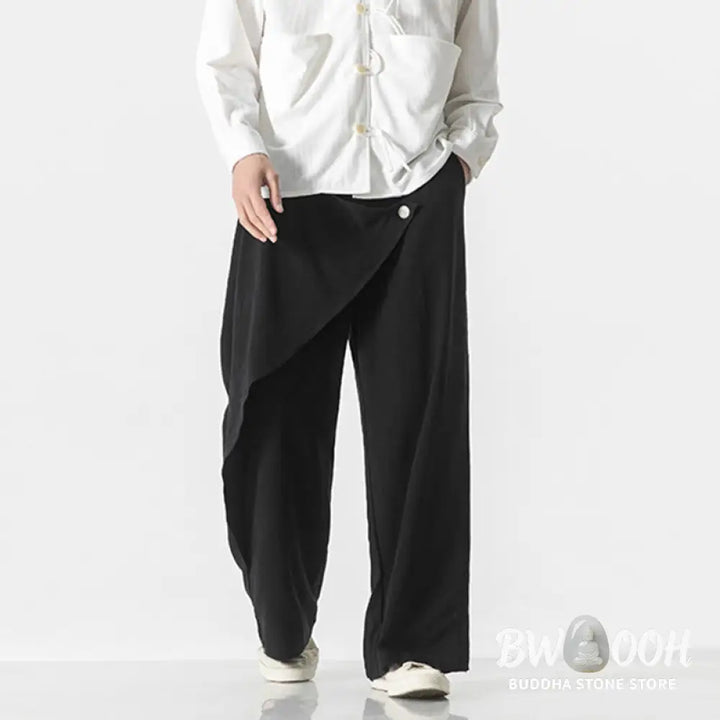 Buddha Stones Asymmetrical Patched Design Plain Men’s Cotton Pants With Pockets - Men’s Pants