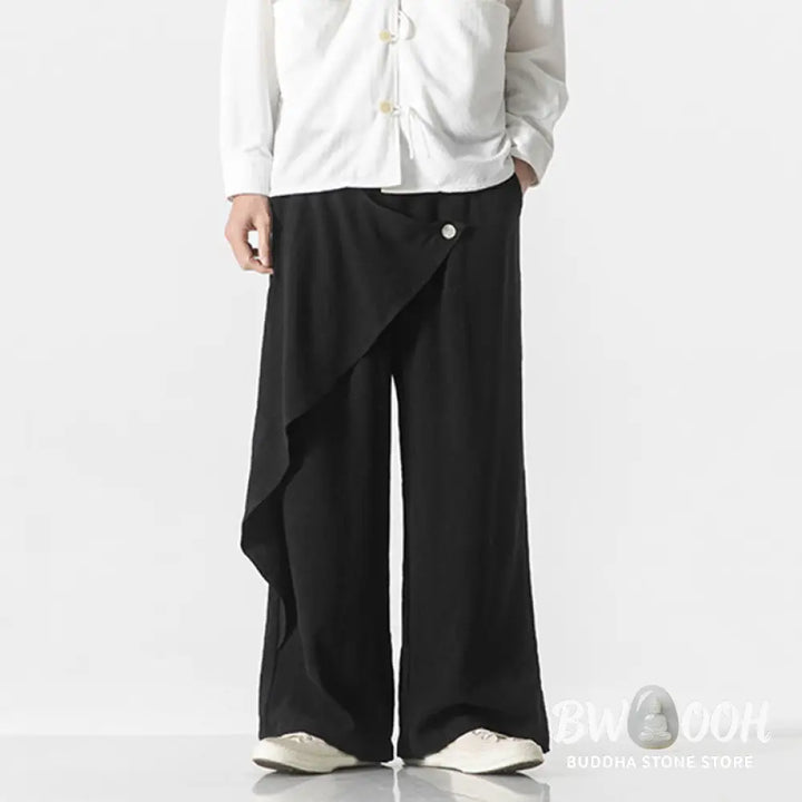 Buddha Stones Asymmetrical Patched Design Plain Men’s Cotton Pants With Pockets - Men’s Pants