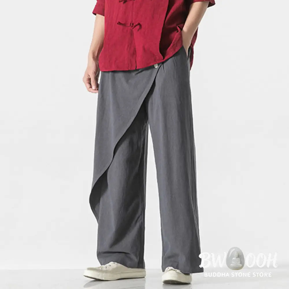 Buddha Stones Asymmetrical Patched Design Plain Men’s Cotton Pants With Pockets - Men’s Pants