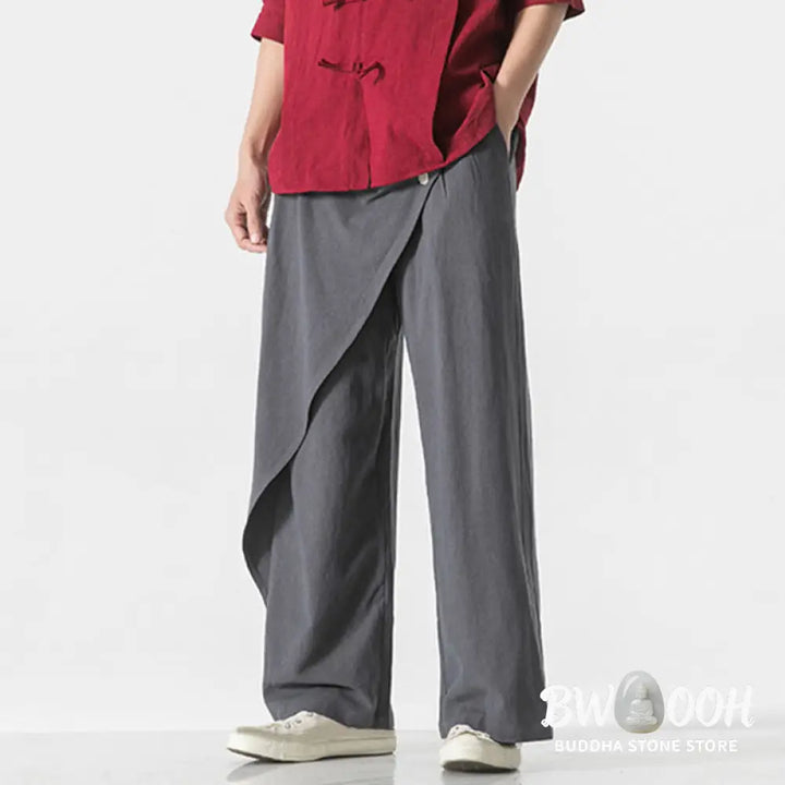 Buddha Stones Asymmetrical Patched Design Plain Men’s Cotton Pants With Pockets - Men’s Pants