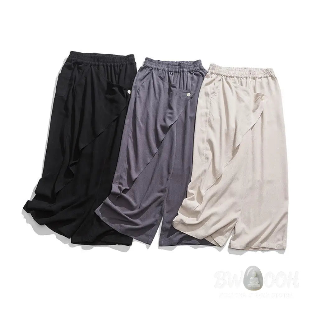 Buddha Stones Asymmetrical Patched Design Plain Men’s Cotton Pants With Pockets - Men’s Pants