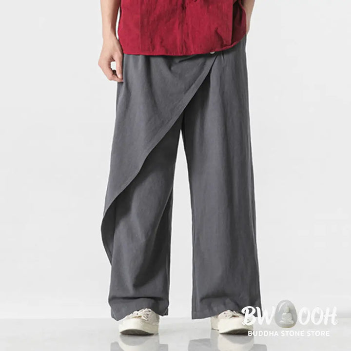 Buddha Stones Asymmetrical Patched Design Plain Men’s Cotton Pants With Pockets - Men’s Pants