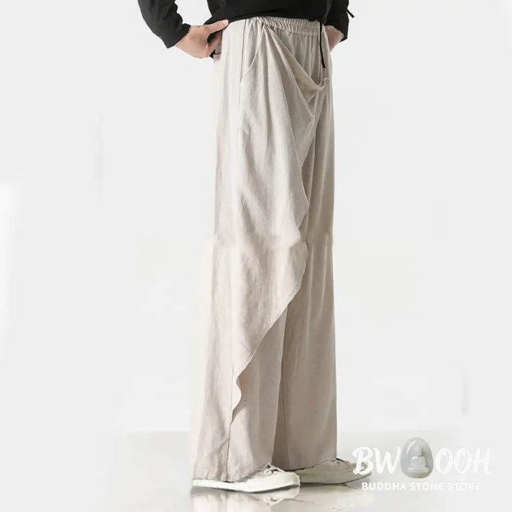 Buddha Stones Asymmetrical Patched Design Plain Men’s Cotton Pants With Pockets - Men’s Pants