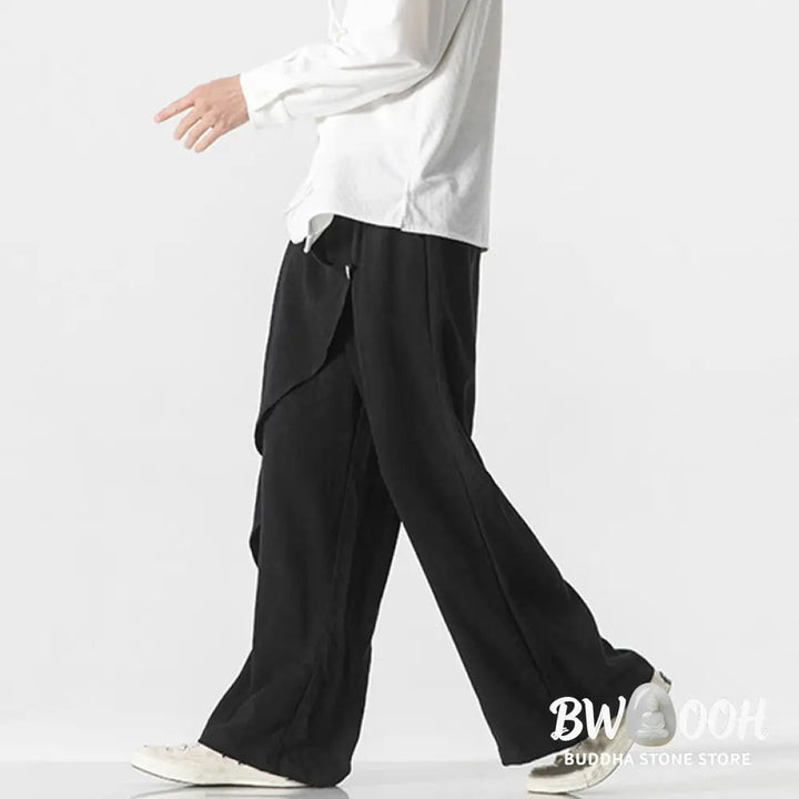 Buddha Stones Asymmetrical Patched Design Plain Men’s Cotton Pants With Pockets - Men’s Pants