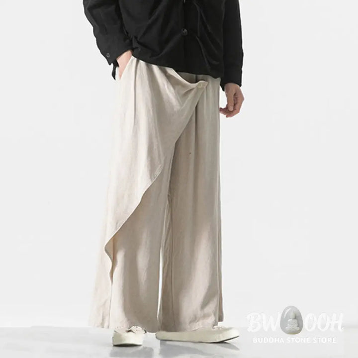 Buddha Stones Asymmetrical Patched Design Plain Men’s Cotton Pants With Pockets - Men’s Pants