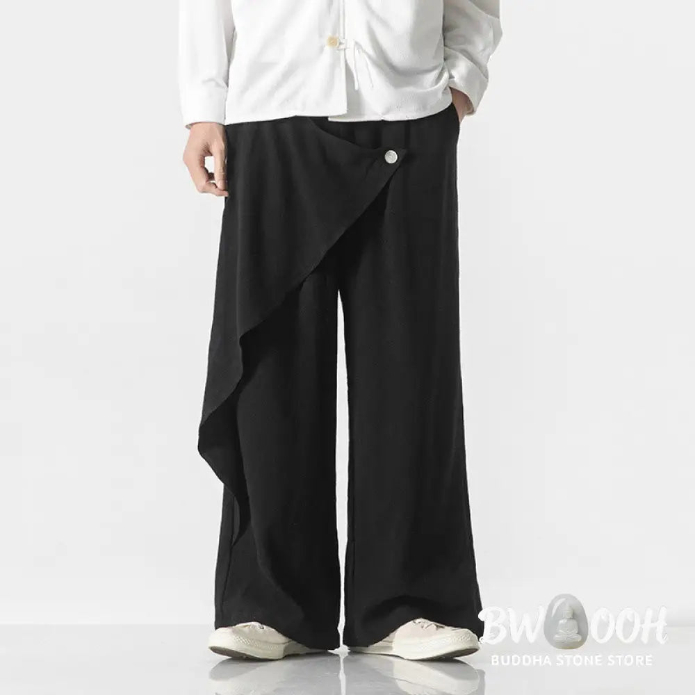 Buddha Stones Asymmetrical Patched Design Plain Men’s Cotton Pants With Pockets - Men’s Pants