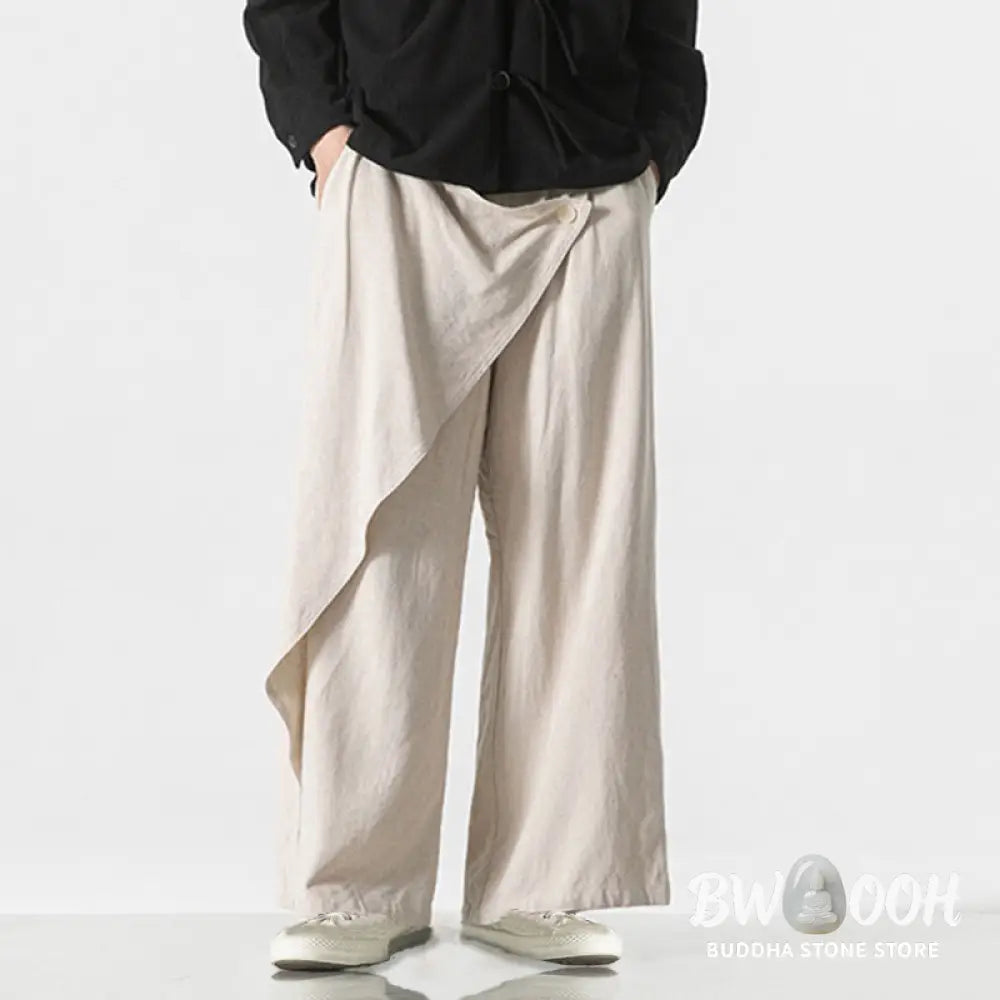 Buddha Stones Asymmetrical Patched Design Plain Men’s Cotton Pants With Pockets - Men’s Pants