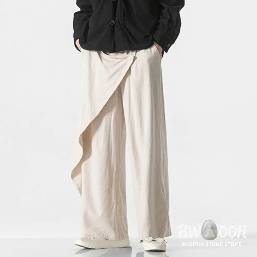 Buddha Stones Asymmetrical Patched Design Plain Men’s Cotton Pants With Pockets - Men’s Pants