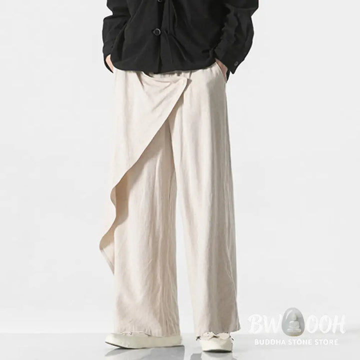 Buddha Stones Asymmetrical Patched Design Plain Men’s Cotton Pants With Pockets - Men’s Pants