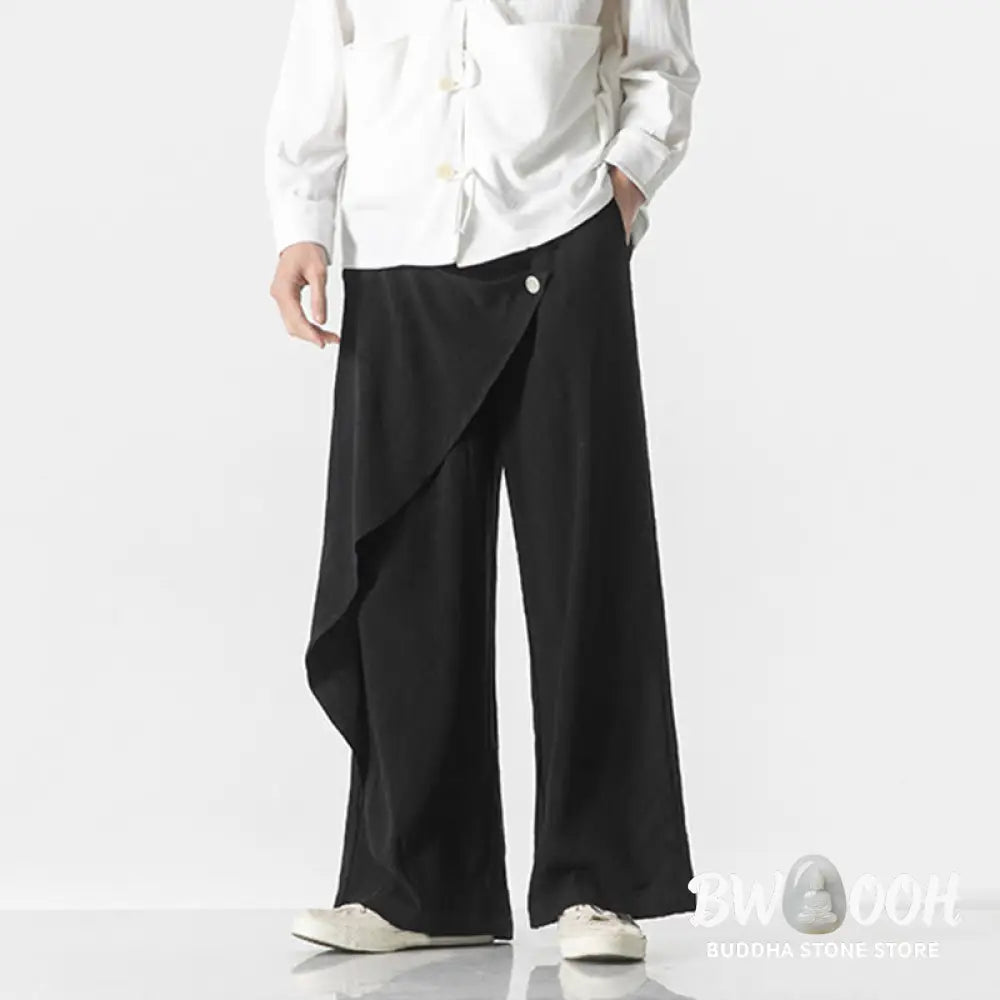 Buddha Stones Asymmetrical Patched Design Plain Men’s Cotton Pants With Pockets - Men’s Pants