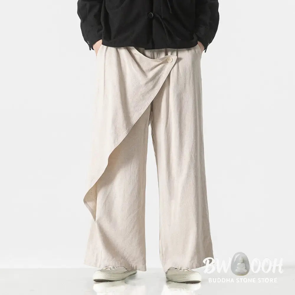 Buddha Stones Asymmetrical Patched Design Plain Men’s Cotton Pants With Pockets - Men’s Pants