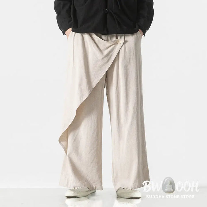 Buddha Stones Asymmetrical Patched Design Plain Men’s Cotton Pants With Pockets - Men’s Pants
