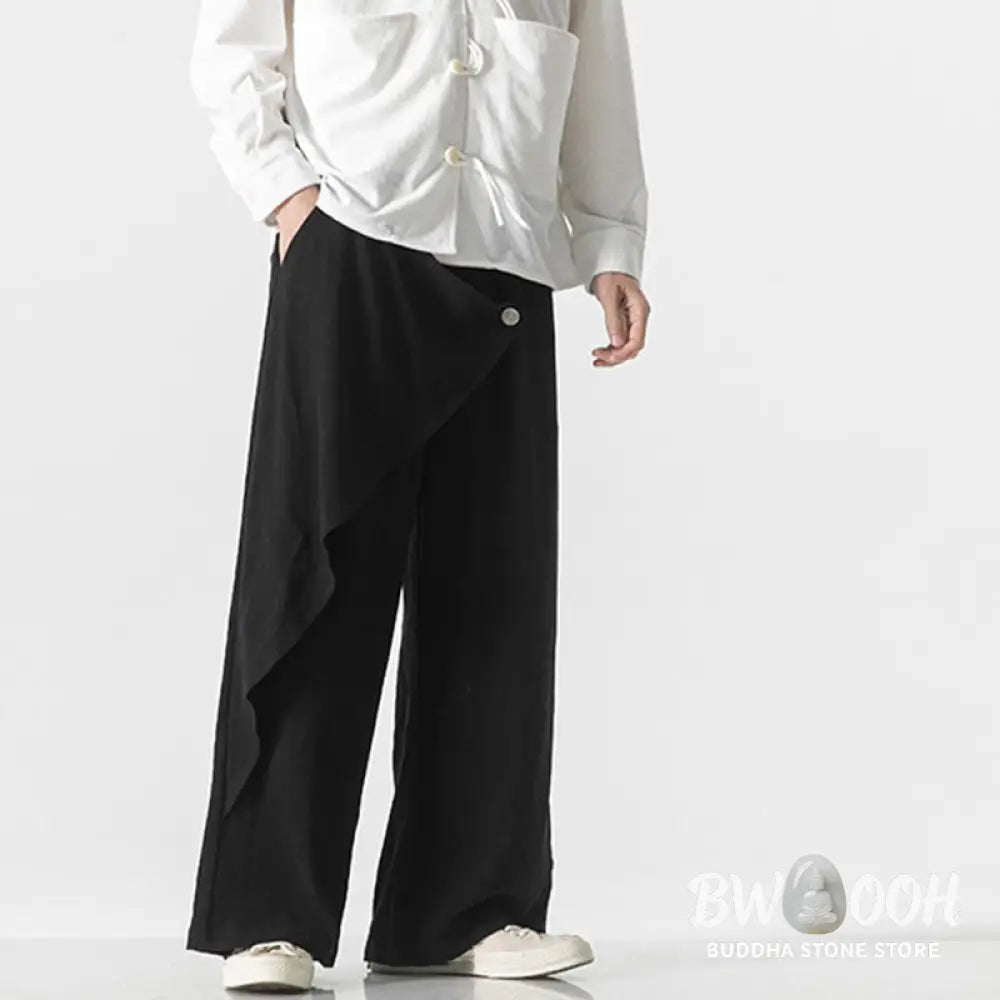 Buddha Stones Asymmetrical Patched Design Plain Men’s Cotton Pants With Pockets - Men’s Pants