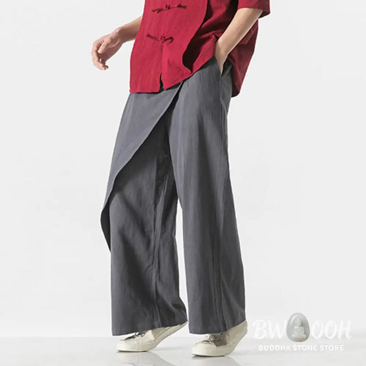 Buddha Stones Asymmetrical Patched Design Plain Men’s Cotton Pants With Pockets - Men’s Pants