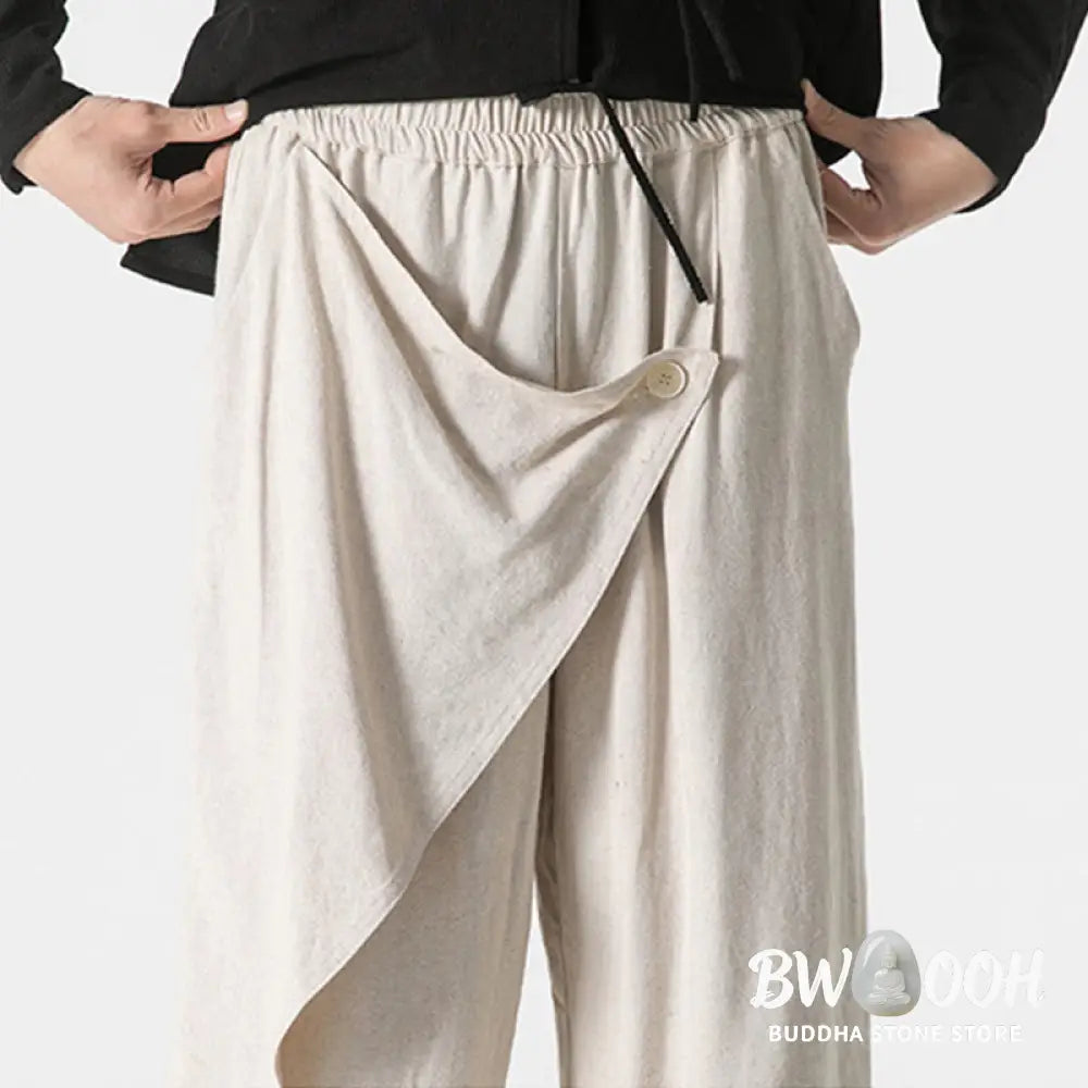 Buddha Stones Asymmetrical Patched Design Plain Men’s Cotton Pants With Pockets - Men’s Pants