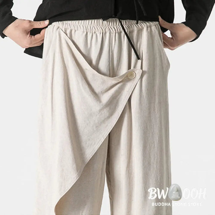 Buddha Stones Asymmetrical Patched Design Plain Men’s Cotton Pants With Pockets - Men’s Pants