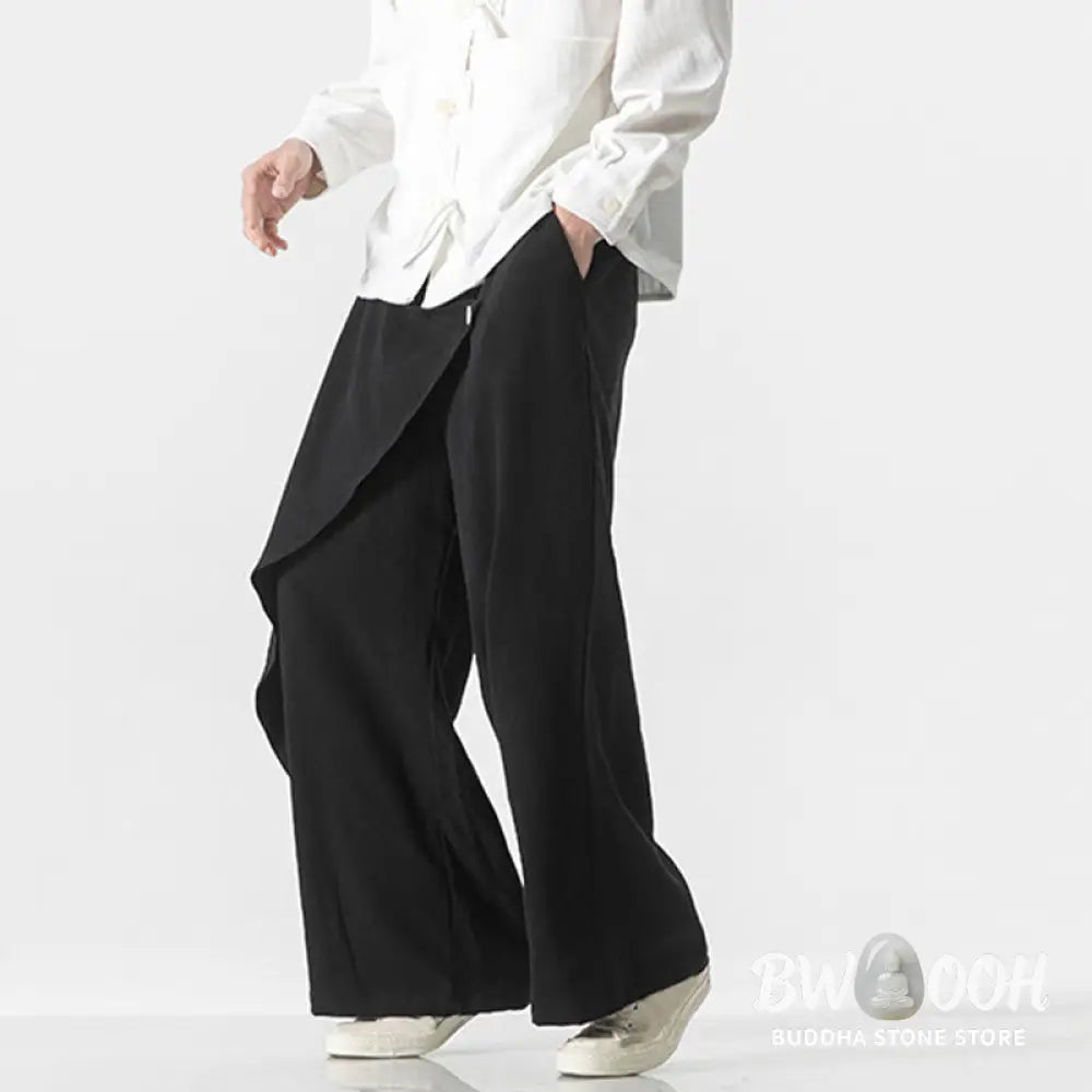 Buddha Stones Asymmetrical Patched Design Plain Men’s Cotton Pants With Pockets - Men’s Pants