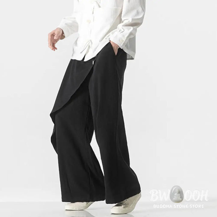 Buddha Stones Asymmetrical Patched Design Plain Men’s Cotton Pants With Pockets - Men’s Pants