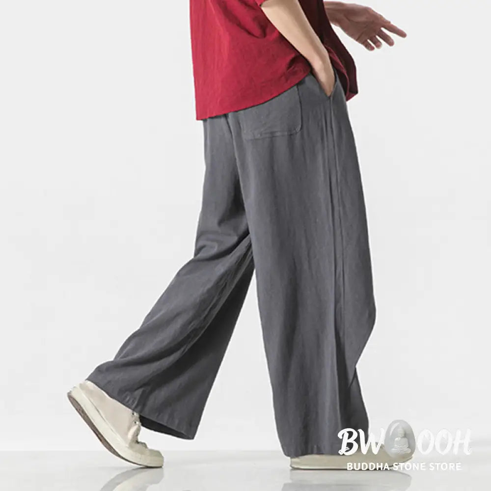 Buddha Stones Asymmetrical Patched Design Plain Men’s Cotton Pants With Pockets - Men’s Pants