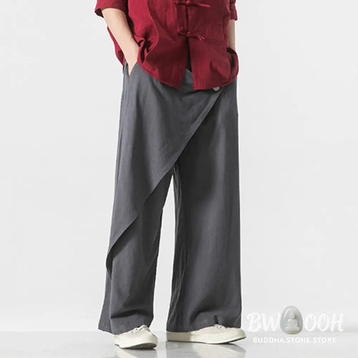 Buddha Stones Asymmetrical Patched Design Plain Men’s Cotton Pants With Pockets - Men’s Pants