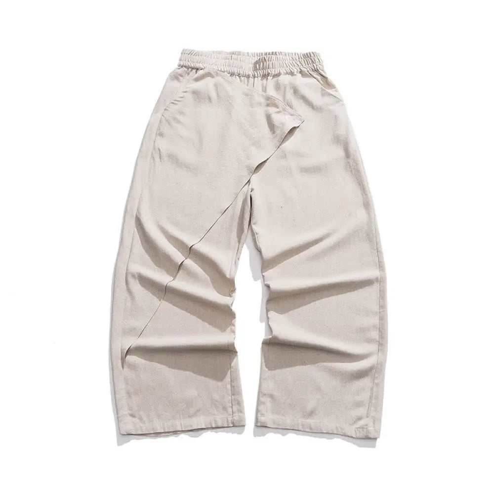 Buddha Stones Asymmetrical Patched Design Plain Men’s Cotton Pants With Pockets - Linen / US/UK/AU36，EU46 (L) - Men’s